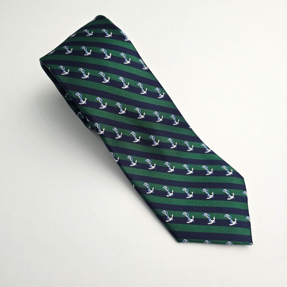 Nautica Stripe Anchor Print 100% Silk Tie Green Blue New